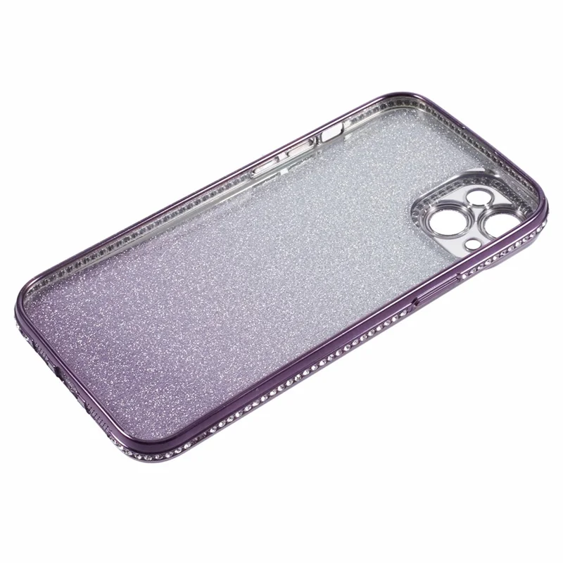 For iPhone 15 Case Camera Lens Guard Clear Phone Back Cover Rhinestone Decor With Glitter Paper - Gradient Dark Purple