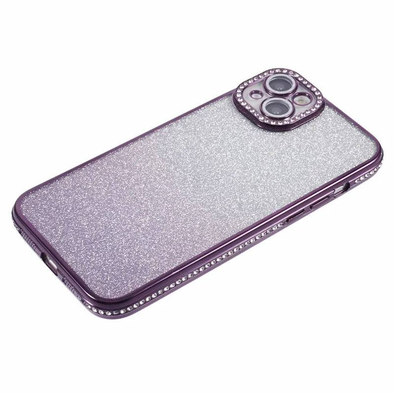 For iPhone 15 Case Camera Lens Guard Clear Phone Back Cover Rhinestone Decor With Glitter Paper - Gradient Dark Purple