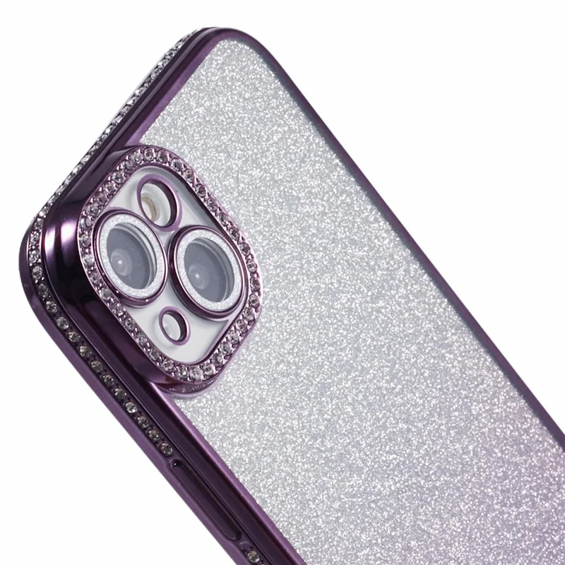For iPhone 15 Case Camera Lens Guard Clear Phone Back Cover Rhinestone Decor With Glitter Paper - Gradient Dark Purple