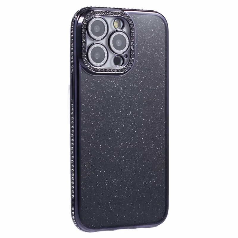 Чехол для iPhone 15 Pro Max с защитой объектива камеры, прозрачная задняя крышка с декором из страз и блестящей бумаги - черный