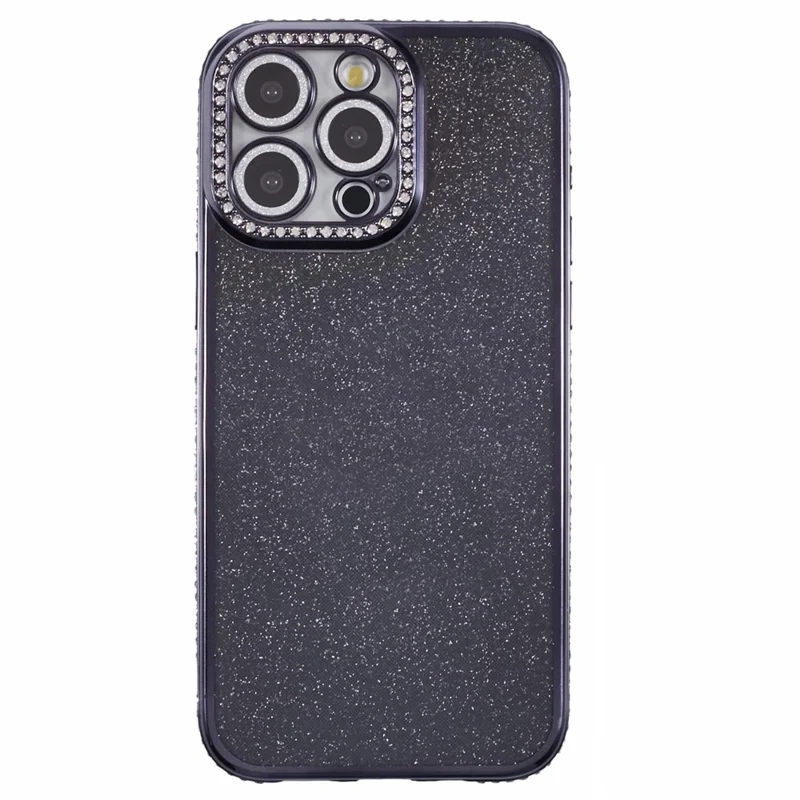 Чехол для iPhone 15 Pro Max с защитой объектива камеры, прозрачная задняя крышка с декором из страз и блестящей бумаги - черный