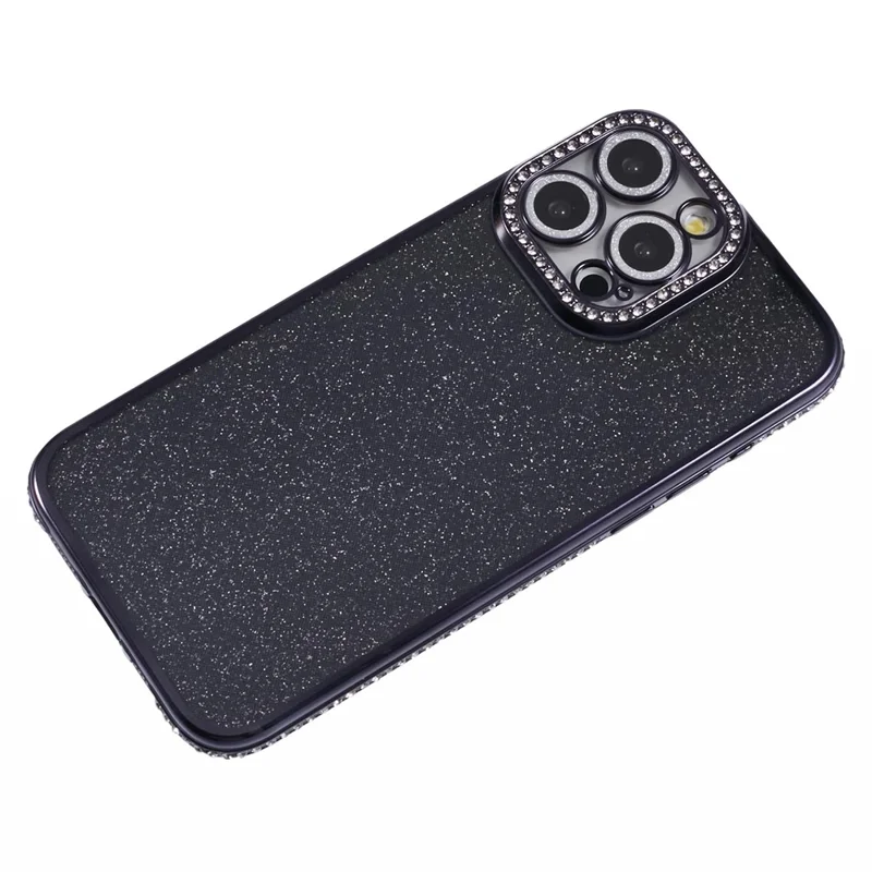 Чехол для iPhone 15 Pro Max с защитой объектива камеры, прозрачная задняя крышка с декором из страз и блестящей бумаги - черный