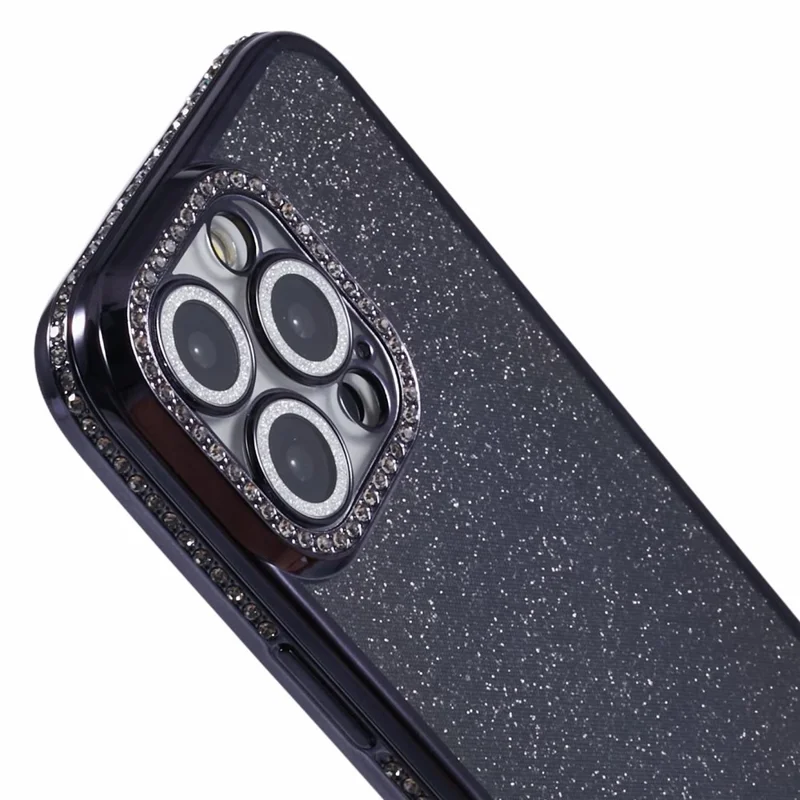 Чехол для iPhone 15 Pro Max с защитой объектива камеры, прозрачная задняя крышка с декором из страз и блестящей бумаги - черный