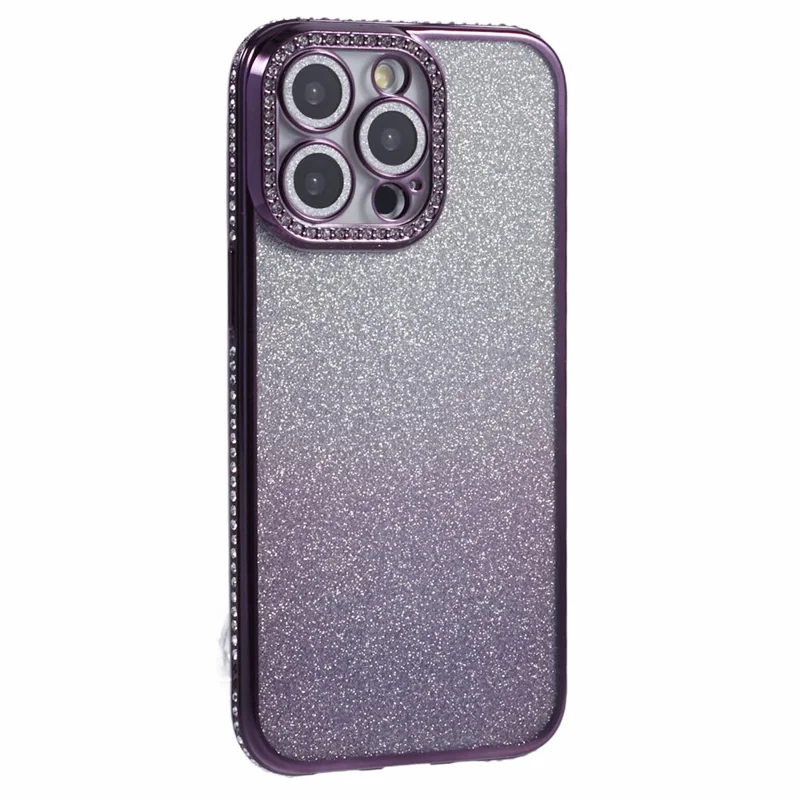 For iPhone 15 Pro Max Case Camera Lens Guard Clear Phone Back Cover Rhinestone Decor With Glitter Paper - Gradient Dark Purple