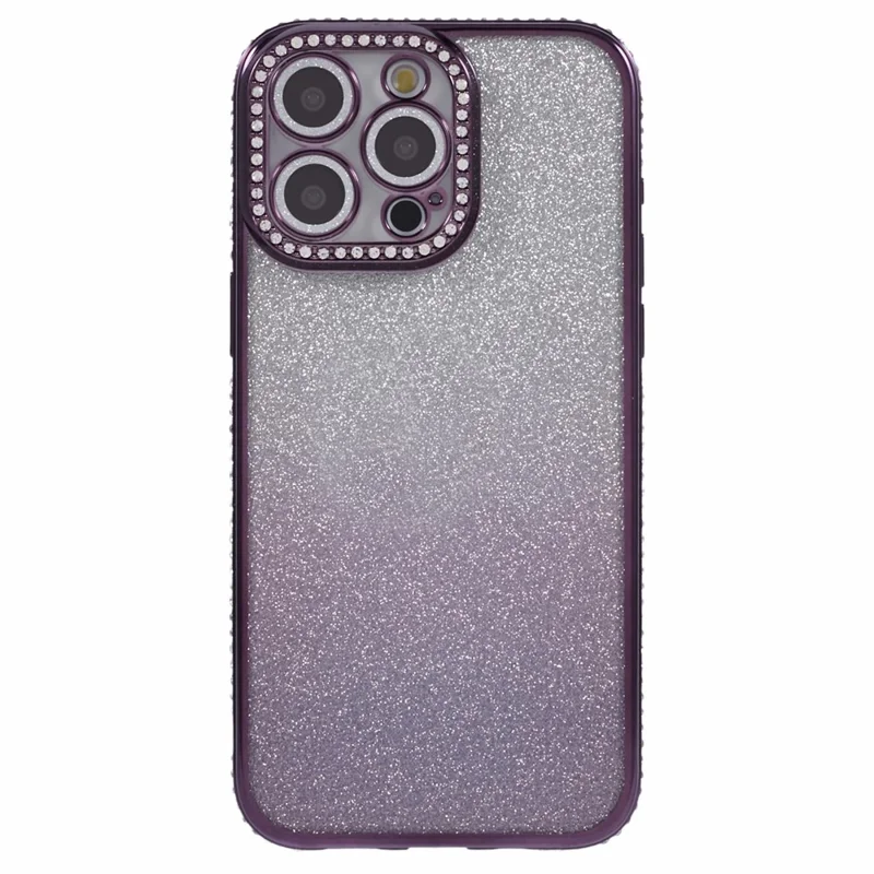 For iPhone 15 Pro Max Case Camera Lens Guard Clear Phone Back Cover Rhinestone Decor With Glitter Paper - Gradient Dark Purple