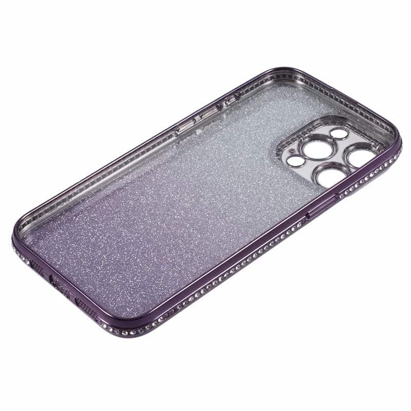 For iPhone 15 Pro Max Case Camera Lens Guard Clear Phone Back Cover Rhinestone Decor With Glitter Paper - Gradient Dark Purple