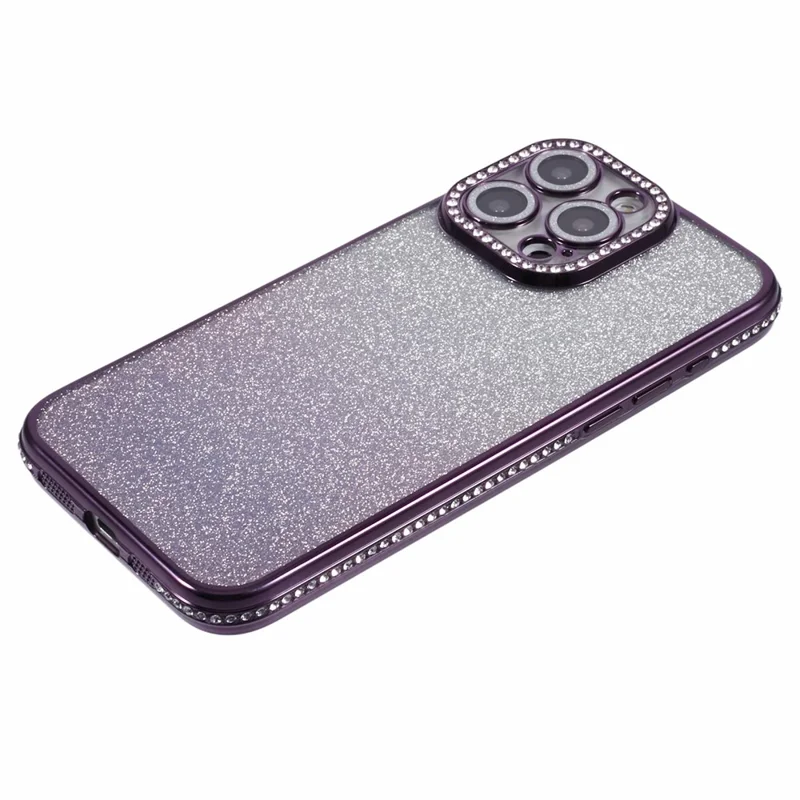 For iPhone 15 Pro Max Case Camera Lens Guard Clear Phone Back Cover Rhinestone Decor With Glitter Paper - Gradient Dark Purple