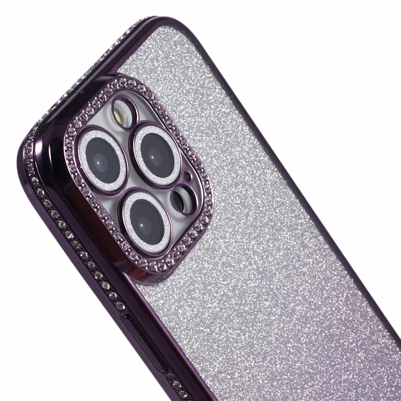 For iPhone 15 Pro Max Case Camera Lens Guard Clear Phone Back Cover Rhinestone Decor With Glitter Paper - Gradient Dark Purple