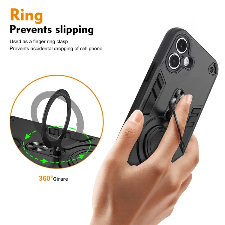 Coque pour iPhone 16 avec support rotatif, protection contre les chocs en PC+TPU - Noir