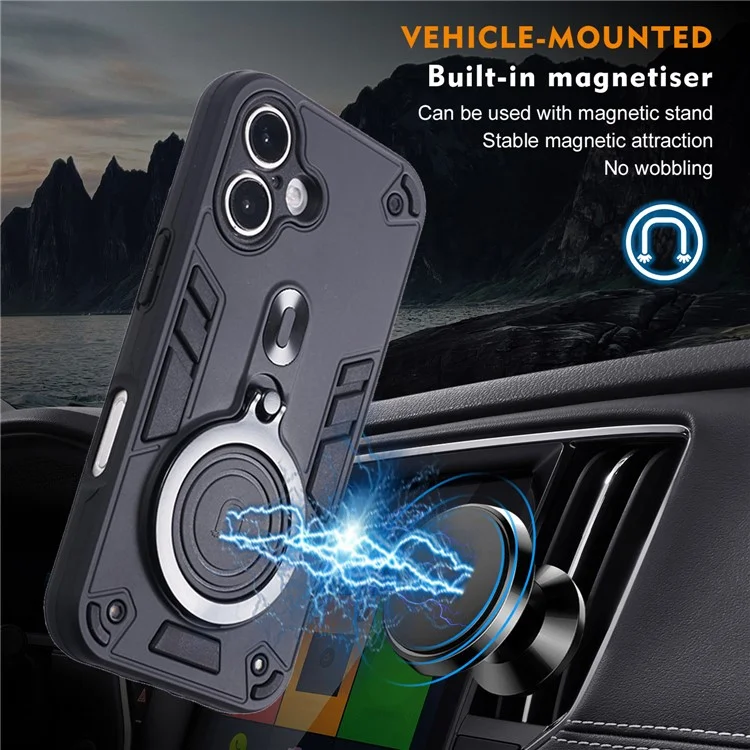 Coque pour iPhone 16 avec support rotatif, protection contre les chocs en PC+TPU - Noir