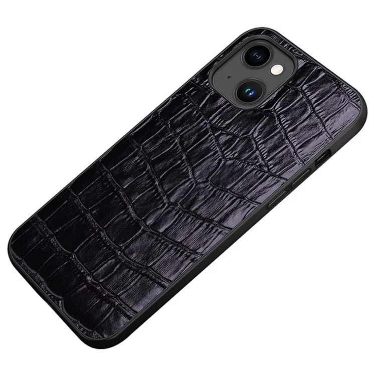 Protective Case for iPhone 14 Plus Rubberized TPU Phone Case Genuine Leather Crocodile Texture Anti-Fall Shockproof Cover - Black