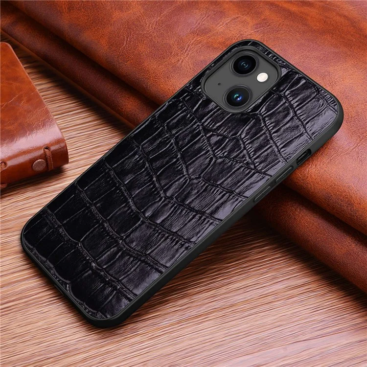 Protective Case for iPhone 14 Plus Rubberized TPU Phone Case Genuine Leather Crocodile Texture Anti-Fall Shockproof Cover - Black
