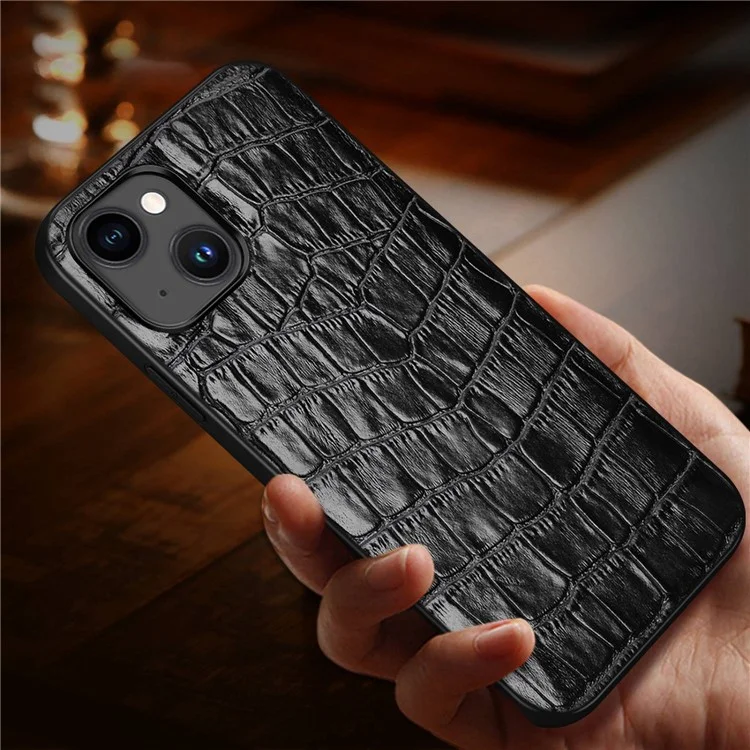 Protective Case for iPhone 14 Plus Rubberized TPU Phone Case Genuine Leather Crocodile Texture Anti-Fall Shockproof Cover - Black