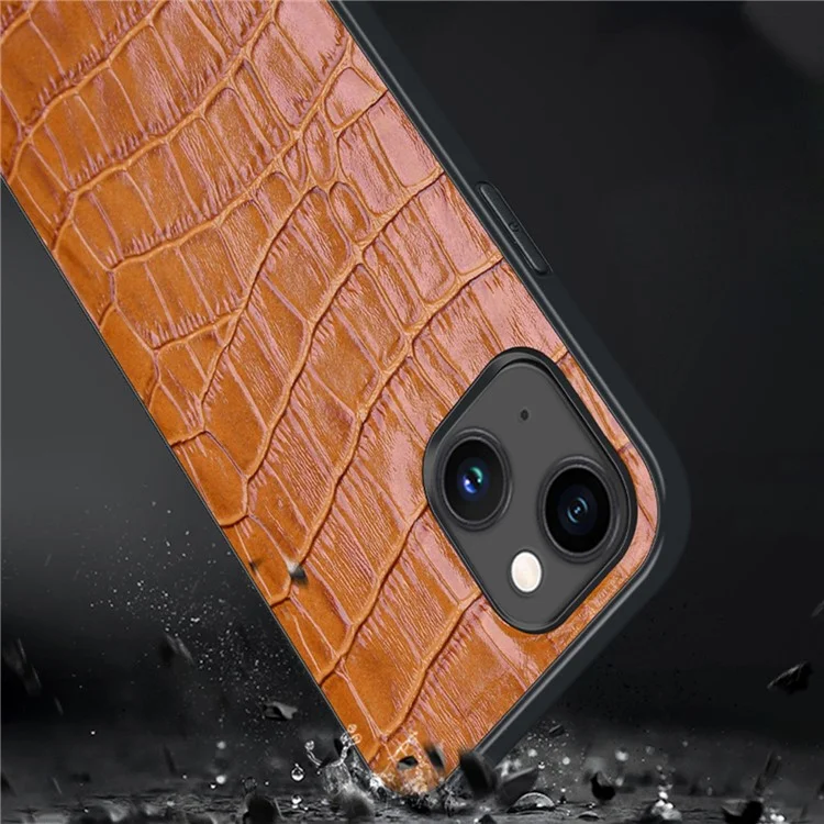 Protective Case for iPhone 14 Plus Rubberized TPU Phone Case Genuine Leather Crocodile Texture Anti-Fall Shockproof Cover - Black