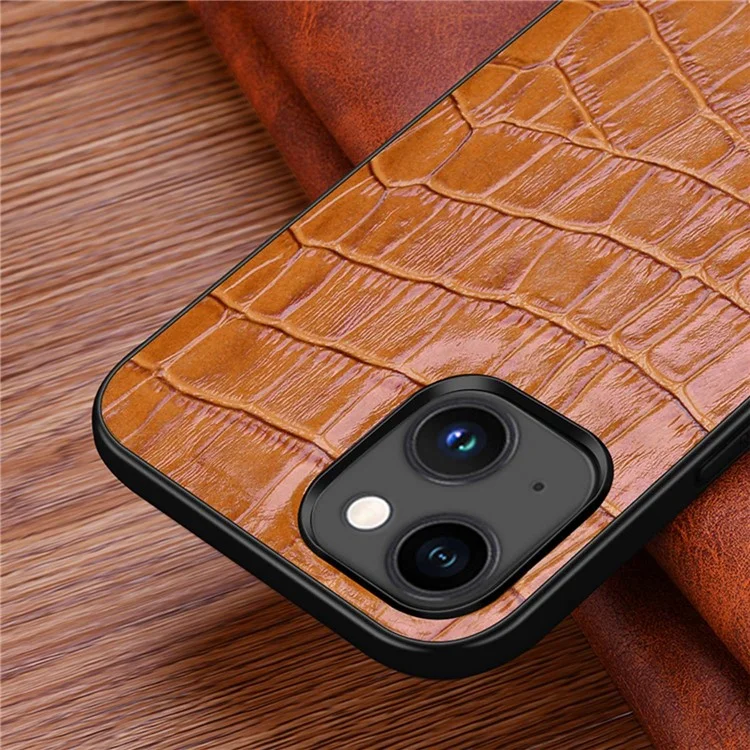 Protective Case for iPhone 14 Plus Rubberized TPU Phone Case Genuine Leather Crocodile Texture Anti-Fall Shockproof Cover - Black