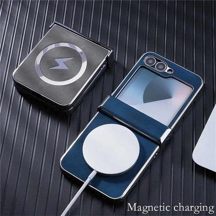 Для Samsung Galaxy Z Flip6 5G чехол совместимый с MagSafe из кожи+ПК+металла - темно-синий