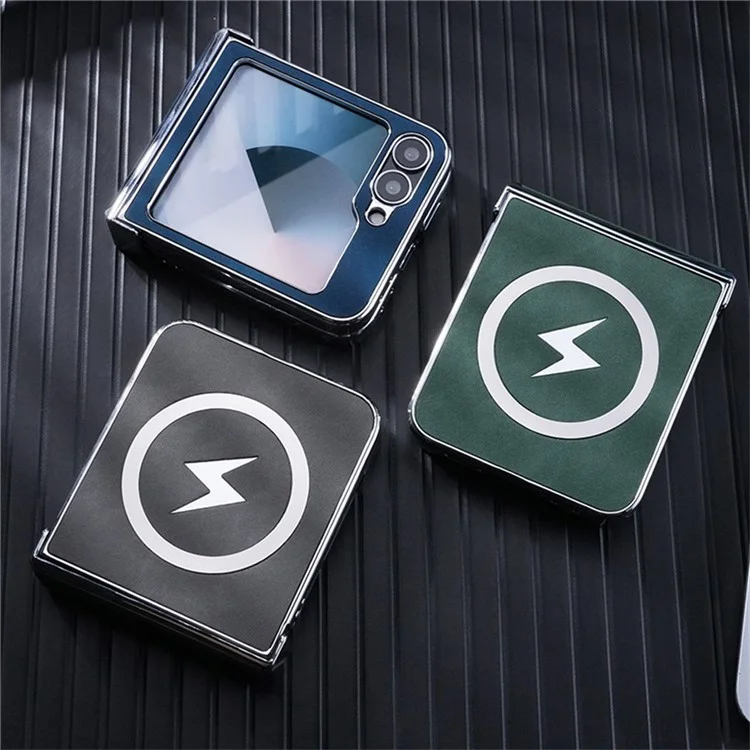 Для Samsung Galaxy Z Flip6 5G чехол совместимый с MagSafe из кожи+ПК+металла - темно-синий