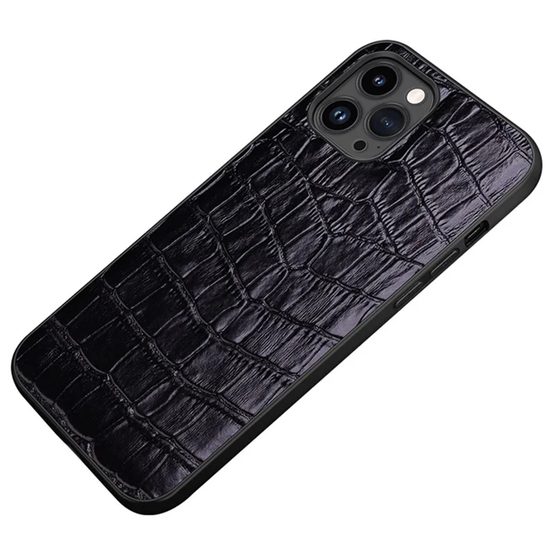 Anti-Fall Phone Case for iPhone 14 Pro Rubberized TPU Phone Case Genuine Leather Crocodile Texture Shockproof Cover - Black