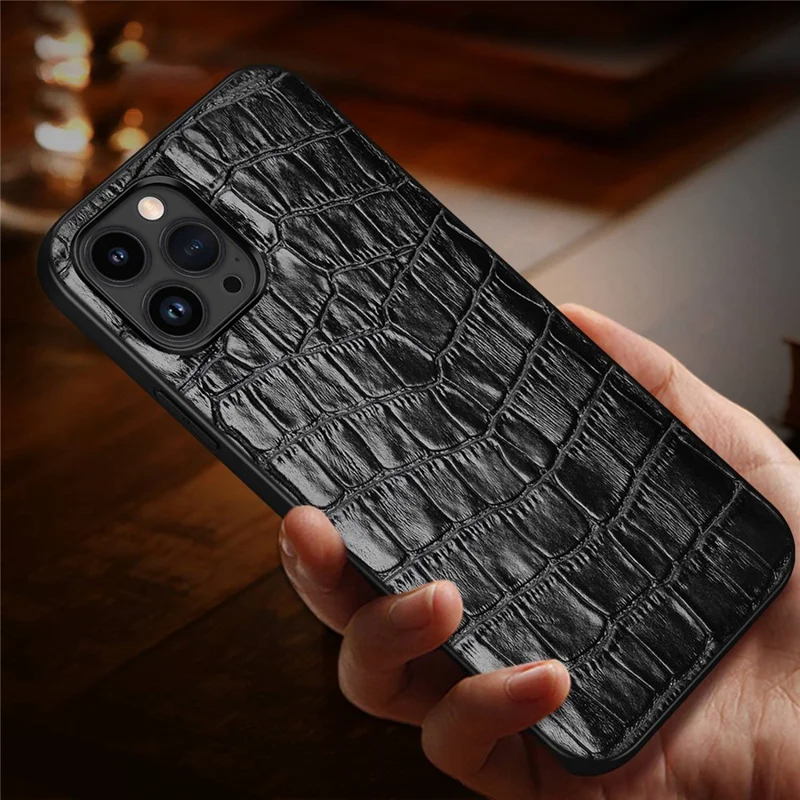 Anti-Fall Phone Case for iPhone 14 Pro Rubberized TPU Phone Case Genuine Leather Crocodile Texture Shockproof Cover - Black