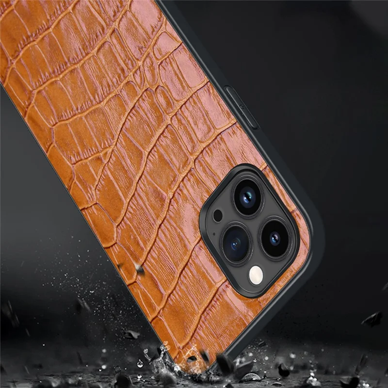 Anti-Fall Phone Case for iPhone 14 Pro Rubberized TPU Phone Case Genuine Leather Crocodile Texture Shockproof Cover - Black