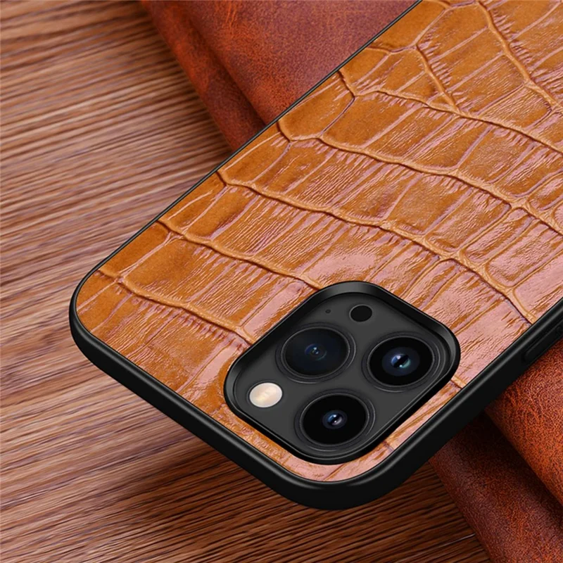 Anti-Fall Phone Case for iPhone 14 Pro Rubberized TPU Phone Case Genuine Leather Crocodile Texture Shockproof Cover - Black