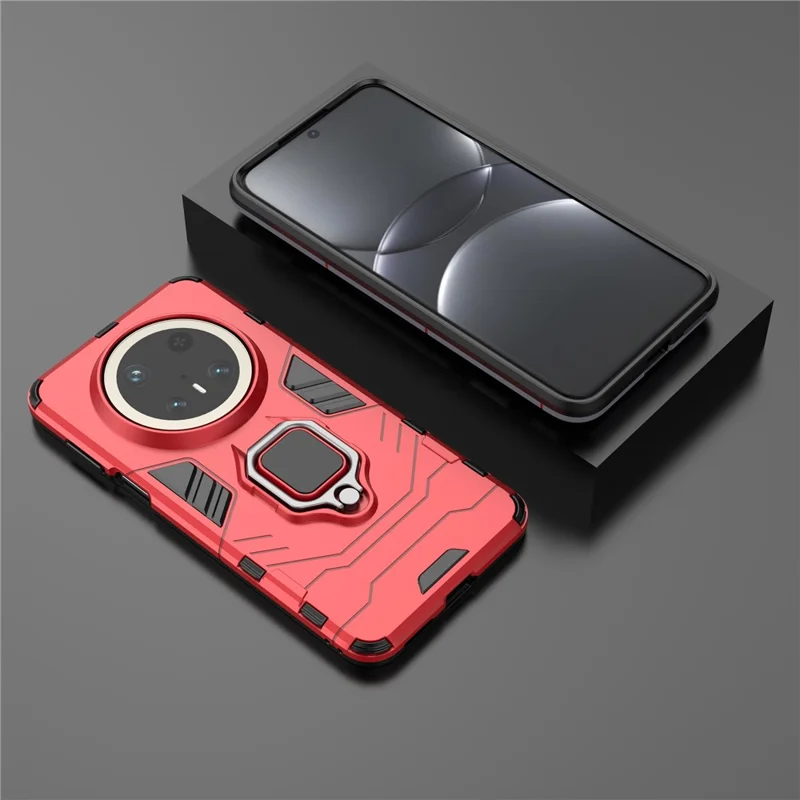 للهاتف هواوي ميت 70 برو+ / 70 برو غطاء واقي من مادة البولي كربونات والمطاط الحراري مع حامل حلقي قابل للطي - أحمر