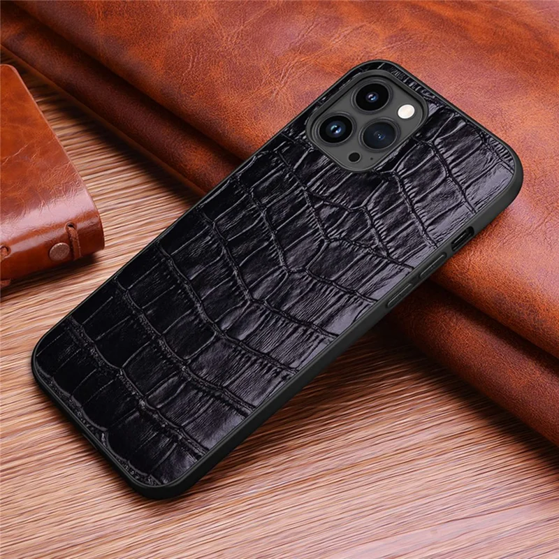 Rubberized Phone Case for iPhone 14 Pro Max Anti-Fall TPU Phone Case Genuine Leather Crocodile Texture Protective Cover - Black