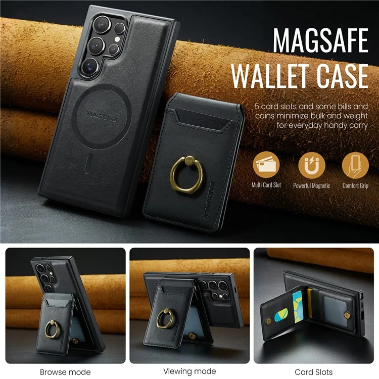 Capa magnética da série MAGKING K1 para Samsung Galaxy S25 Ultra, com suporte para cartão, feita de PC+TPU+PU - Preta