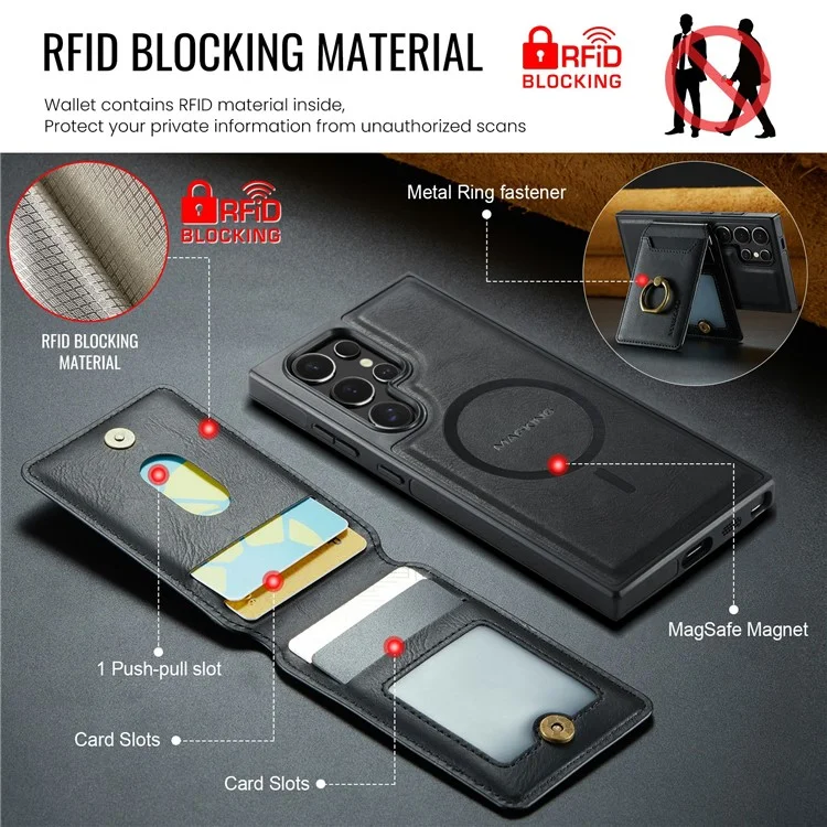 Capa magnética da série MAGKING K1 para Samsung Galaxy S25 Ultra, com suporte para cartão, feita de PC+TPU+PU - Preta