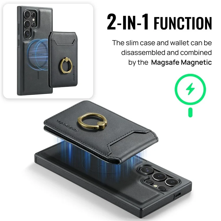 Capa magnética da série MAGKING K1 para Samsung Galaxy S25 Ultra, com suporte para cartão, feita de PC+TPU+PU - Preta