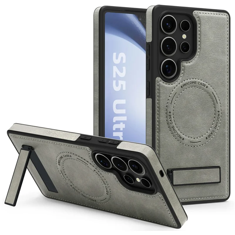 For Samsung Galaxy S25 Ultra Magnetic Case with Folded Kickstand PC Silicone Leather Phone Back Cover  - Grey