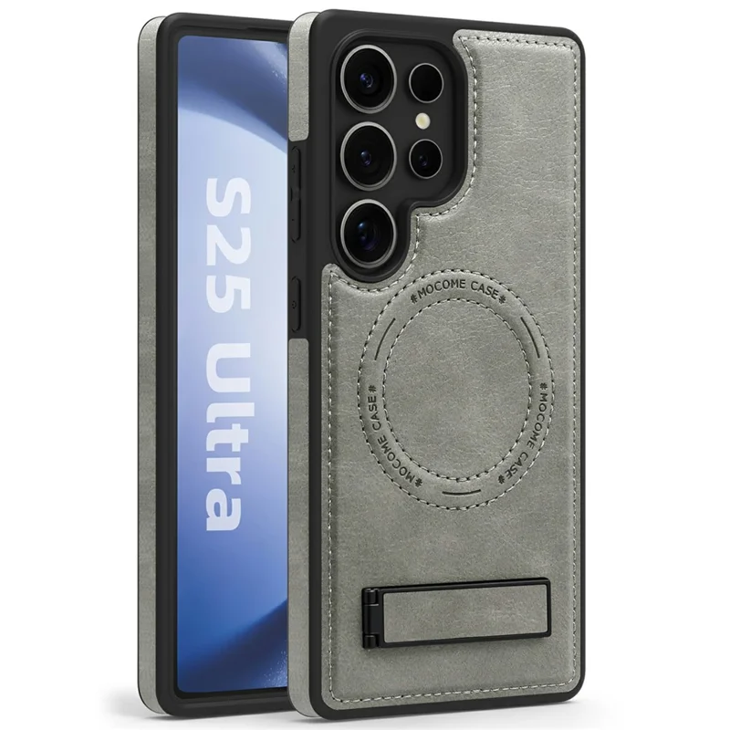 For Samsung Galaxy S25 Ultra Magnetic Case with Folded Kickstand PC Silicone Leather Phone Back Cover  - Grey