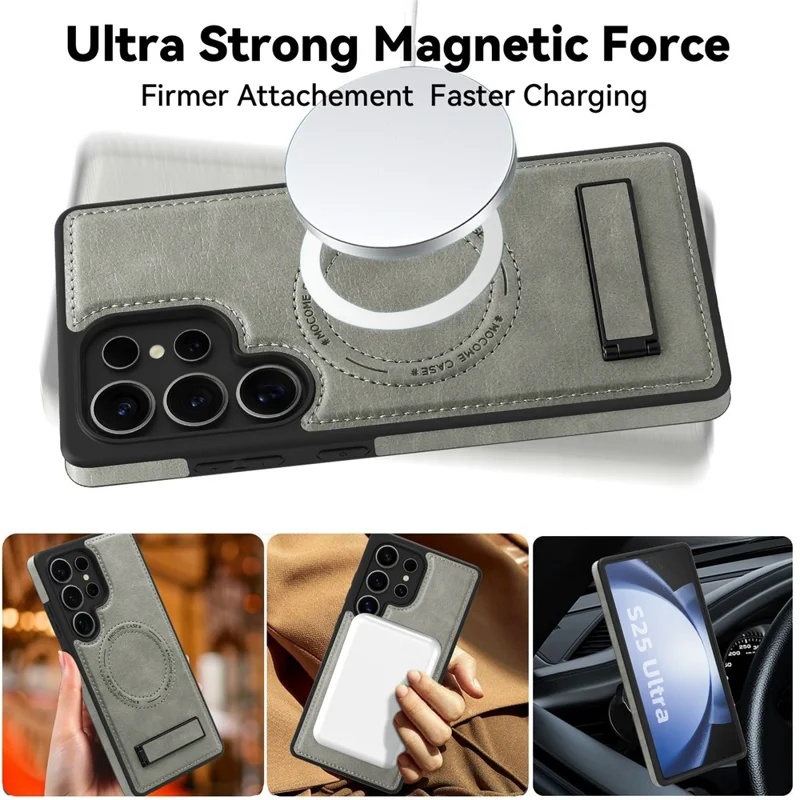 For Samsung Galaxy S25 Ultra Magnetic Case with Folded Kickstand PC Silicone Leather Phone Back Cover  - Grey