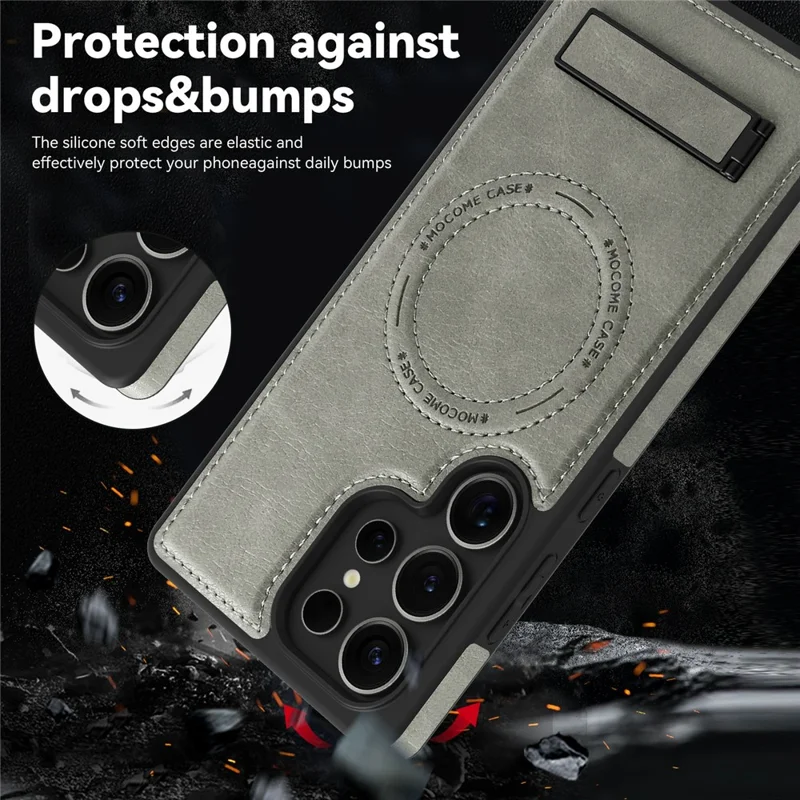 For Samsung Galaxy S25 Ultra Magnetic Case with Folded Kickstand PC Silicone Leather Phone Back Cover  - Grey