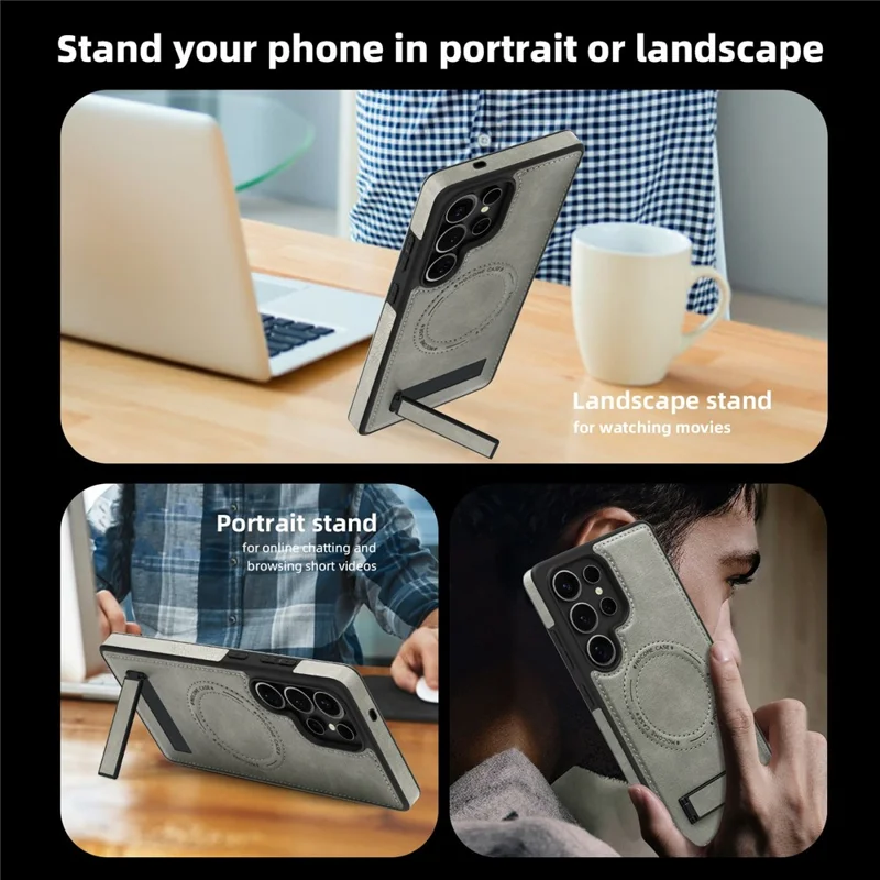 For Samsung Galaxy S25 Ultra Magnetic Case with Folded Kickstand PC Silicone Leather Phone Back Cover  - Grey