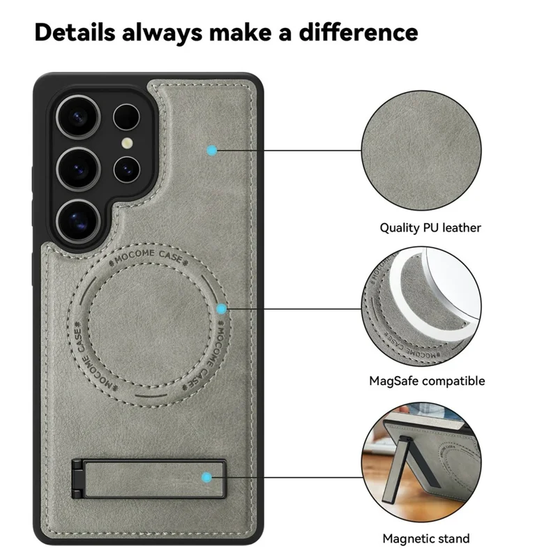 For Samsung Galaxy S25 Ultra Magnetic Case with Folded Kickstand PC Silicone Leather Phone Back Cover  - Grey