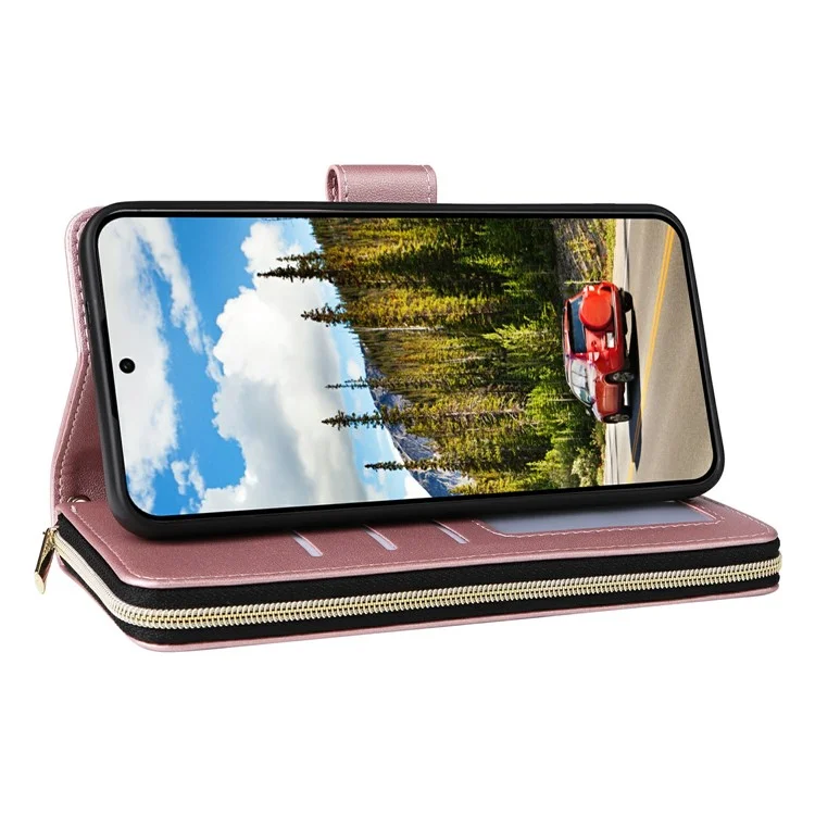 Чехол для Samsung Galaxy S25 / S24 с застежкой-молнией, карманом и 9 слотами для карт, розовое золото