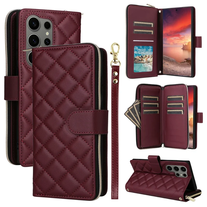 For Samsung Galaxy S25 Ultra Case Zipper Wallet Rhombus PU Leather Crossbody Phone Bag - Wine Red