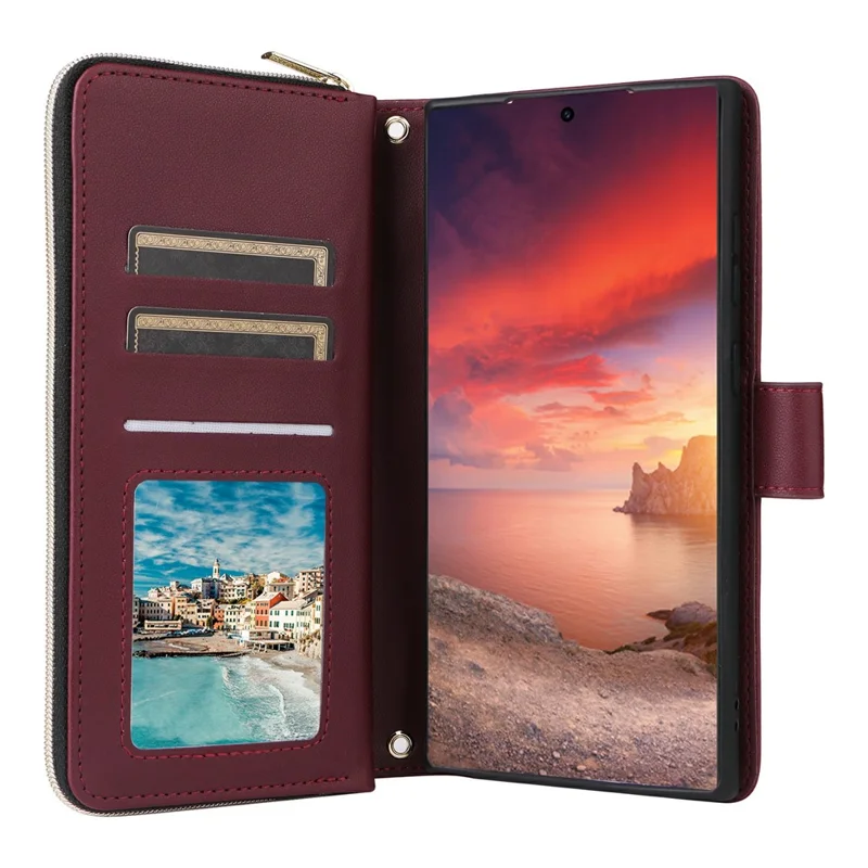For Samsung Galaxy S25 Ultra Case Zipper Wallet Rhombus PU Leather Crossbody Phone Bag - Wine Red