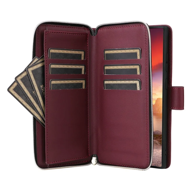 For Samsung Galaxy S25 Ultra Case Zipper Wallet Rhombus PU Leather Crossbody Phone Bag - Wine Red