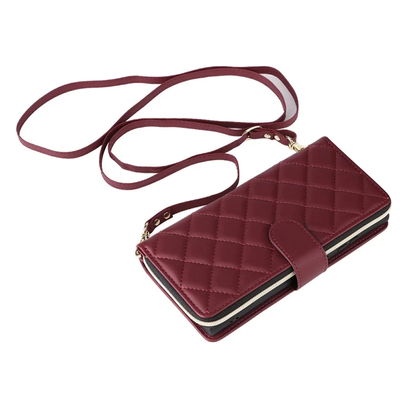 For Samsung Galaxy S25 Ultra Case Zipper Wallet Rhombus PU Leather Crossbody Phone Bag - Wine Red