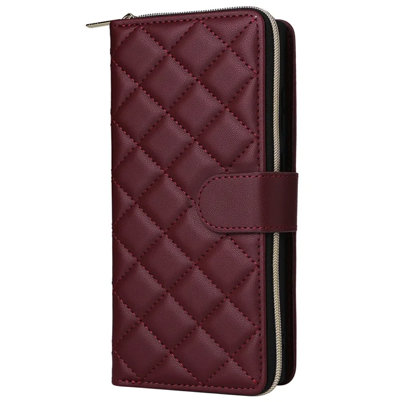 For Samsung Galaxy S25 Ultra Case Zipper Wallet Rhombus PU Leather Crossbody Phone Bag - Wine Red