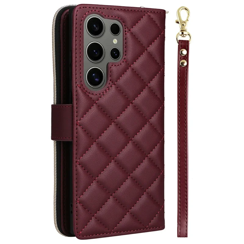 For Samsung Galaxy S25 Ultra Case Zipper Wallet Rhombus PU Leather Crossbody Phone Bag - Wine Red