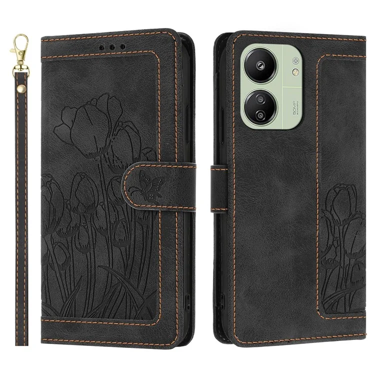Кожаный чехол Tulip для Xiaomi Poco M6 5G / Redmi 13R 5G / 13C 5G / 13C 4G / Poco C65 4G с 5 слотами для карт, черный