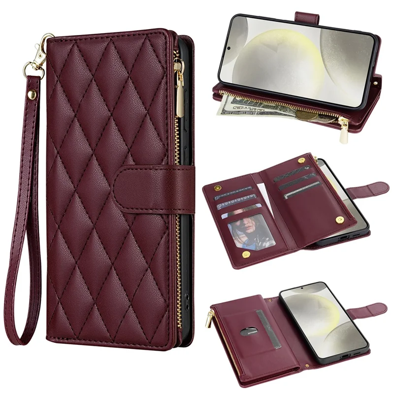 For Samsung Galaxy A56 5G Case Rhombus Stitching Leather Wallet Phone Cover with Long  /  Short Strap - Wine Red