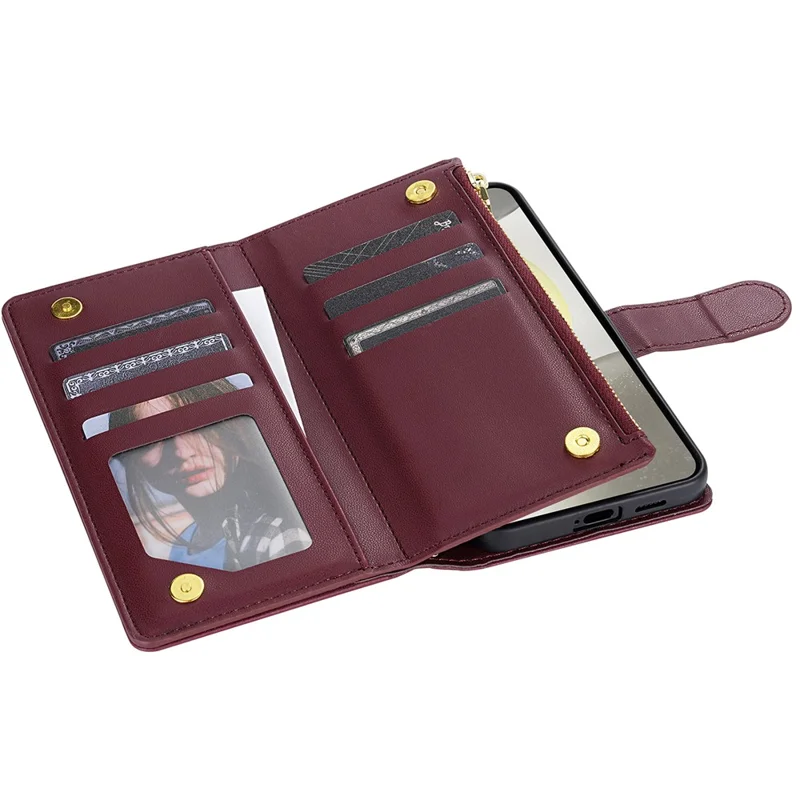 For Samsung Galaxy A56 5G Case Rhombus Stitching Leather Wallet Phone Cover with Long  /  Short Strap - Wine Red