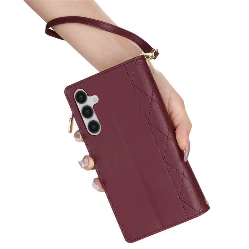 For Samsung Galaxy A56 5G Case Rhombus Stitching Leather Wallet Phone Cover with Long  /  Short Strap - Wine Red