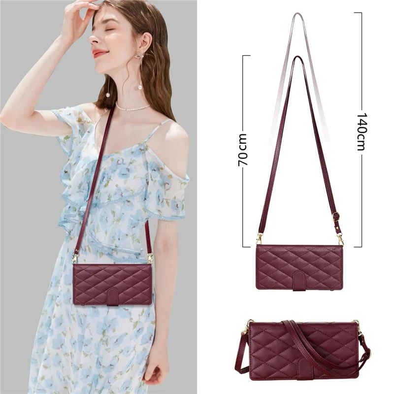 For Samsung Galaxy A56 5G Case Rhombus Stitching Leather Wallet Phone Cover with Long  /  Short Strap - Wine Red