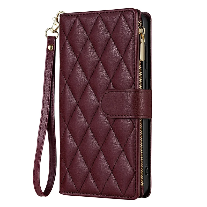 For Samsung Galaxy A56 5G Case Rhombus Stitching Leather Wallet Phone Cover with Long  /  Short Strap - Wine Red