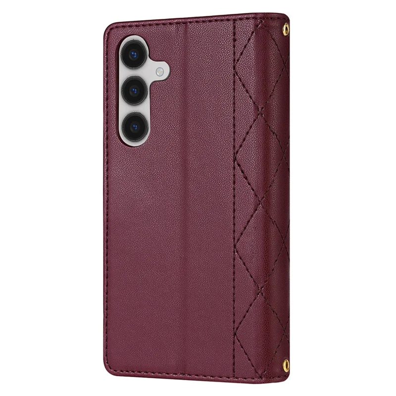 For Samsung Galaxy A56 5G Case Rhombus Stitching Leather Wallet Phone Cover with Long  /  Short Strap - Wine Red